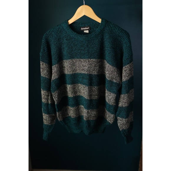 Vintage Turnabout Pullover Sweatshirt Gray & Teal Striped Size L Large USA - Picture 1 of 11